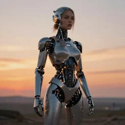 Full body beautiful Fine art photography of a solarpunk half robot half human girl with real human face, led lights over body, highly detailed, photorealism, sunset lighting 8k