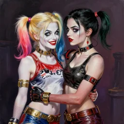 harley quinn and poison ivy romance, hyper detailed masterpiece, digital art painting, surrealisme aesthetic,
