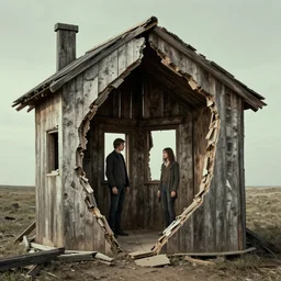 two people inside big broken wooden house by H R Giger