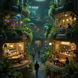 people hanging out in a spaceship with lush gardens, coffee shops and living quarters, cyberpunk, moody, luminescent, rule of thirds, golden ratio, ambient lighting, syd mead, greg rutkowski, wlop, artgerm, artstation, highly detailed masterpiece