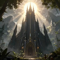 thieves guild,  tall dark fantasy building, blades, shining sun, mountains, magic, sunlight rays, with  trees and plants around  Darek Zabrocki, Karlkka, trending on Artstation, 8K