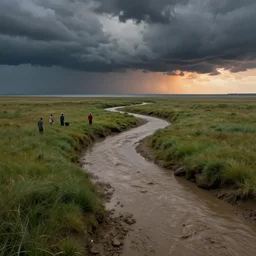 muddy river leads to sea by hiroshi yoshida, marc simonetti, roger deakins, turner, rothko, hyperrealism, cinematic, grassland, dramatic storm sunset, matte painting, fluid simulation, tonalism, volumetric light, trending on artstation, cgsociety, high detail concept art, top view, rendered in octane