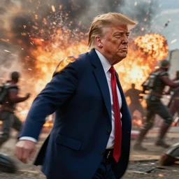 donald trump as a handsome actor, motion blur runs through massive battlefront, mcu style, explosions, fire, real life, spotted, ultra realistic face, 4 k, movie still, uhd, sharp, detailed, cinematic, render, modern