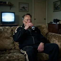 full distant shot of sad bald poor dirty elon musk in a tracksuit drinking a can of beer in the couch while watching tv in a dirty house, very realistic photograph, cinematic lighting, dardenne brothers, wes anderson