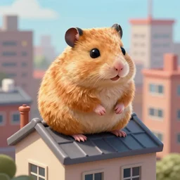 a giant hamster on a roof, looking down at buildings below, digital art, artstation