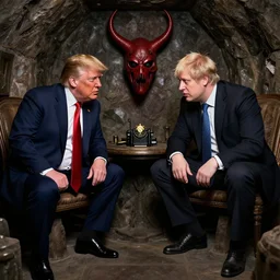 donald trump and boris johnson dressed like dr. evil plotting their revenge at secret villain bunker