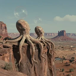 hyperrealist studio ghibli dull colors portrait from close encounters of the third kind 1 9 7 7 of a cliff with two stone octopus statues swaying in a desert cliff bubble monument valley