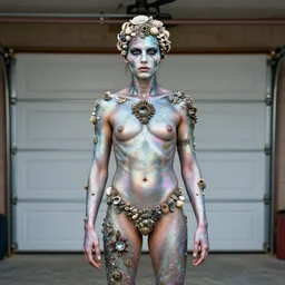 a human standing in his garage, he is covered with iridescent bodypaint, his hair has shells and barnacles