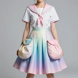 collection intiguing haute couture, sailor uniform, midi skirt, coated pleats, synthetic curves striking pose, stylized dynamic folds, cute huge pockets, volume flutter, youthful, modeled by modern designer bust, smart textiles, body fitted dart manipulation, candy fantasy gradient scheme, holographic tones, expert composition, professional retouch, editorial photography