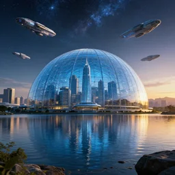cyberpunk city, spacecrafts, galaxy, stars, glass dome, hyperrealistic, award winning, lake, light diffusion, golden hour, futuristic, photography, blue, glass, extremely wide angle