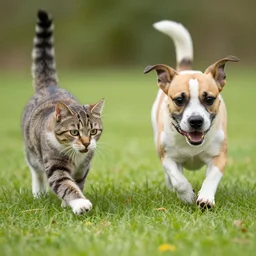 a cat and dog chasing each other