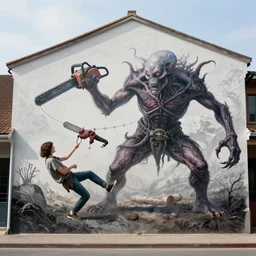 a town mural showing an eldritch mutant abomination with chainsaws and meat hooks dragging the innocent kicking and screaming to the burning depths of hell featured on wallace and gromit by thomas kinkade and kiyohiko azuma