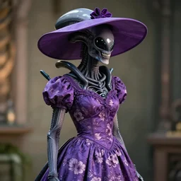 the xenomorph queen wearing a purple floral dress and purple wide rimmed hat