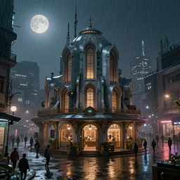 indian style, small building, city, street, science fiction, cyberpunk, rain day, wide angle, full of people, moon, a lot of lights, cinematic lighting, high detail, digital painting, concept art, illustration, smooth, sharp focus, trending on artstation, trending on deviantart, 4 k