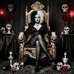 cruella de vil as drug cartel queen, sitting on an ornate golden throne, decorated with dia de los muertos decorations, offerings on the floor, looking at viewer, black & white photo with red, film noir cinematic dynamic lighting, hyper realistic, hyper detailed, 8 k