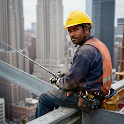 closeup portrait of a construction worker with a fishing rod sitting on a metal beam high over new york city, photography, world press photo