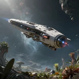 spaceship hovering over an alien planet, strange plants, low angle shot, concept art, volumetric lighting, volumetric atmosphere, sharp focus, by chris foss and michael whelan, concept art, digital illustration, trending on artstation, 8 k