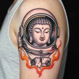 an ultradetailed tatoo outline of the buddah as an astronaut helmet with a rainbow colored outline, intricate, elegant, illustration, digital painting, burning village in the background, 8 k, fine detail, art by greg rutkowski, frank frazetta, jack kirby, albert aublet, frank herbert, and alphonse mucha