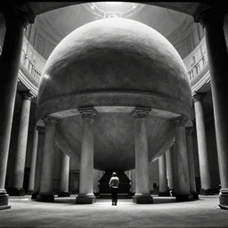 movie still of a big spherical 3 d hall with columns, cinestill 8 0 0 t black and white, by andrei tarkovsky, heavy grain, high quality, high detail, ultra wide lens, cinematic composition, dramatic light, lens flares, anamorphic