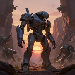 epic low angle shot of a manatee mech standing in a canyon landscape surrounded by machines, sunset, greg rutkowski, digital painting, moody