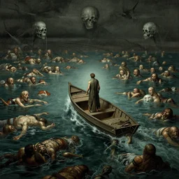 man on boat crossing a body of water in hell with bodies in the water, sea of souls, by wayne barlowe, raphael lacoste and gerald brom bastien l. deharme mike winkelmann kris kuksi, atmospheric, low angle, cinematic, intricate, ultra detailed, gorgeous, cgsociety, featured on artstation, golden ratio, f 8, 4 k resolution, well composed, cohesive, darkness, gustave dore