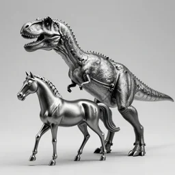 t rex and a horse with high heels, movement, metal, black and white, photograph, 1 8 5 0 s