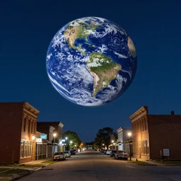 planet earth is floating above main street in a small kansas town at midnight