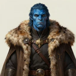portrait of a blue-skinned man wearing a medieval fur coat, illustration, fantasy, by Bowater, Charlie, trending on ArtStation, masterpiece