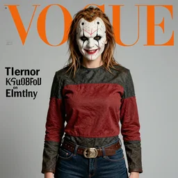 freddy krueger from terror on elm street. studio photo feminine pose. vogue magazine cover with text. highly detailed