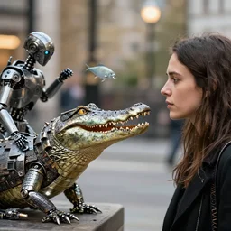 closeup profile photo of crocodile metal robots taking over london, nicoletta ceccoli, mark ryden, lostfish, photography 4 k, f 1. 8 anamorphic, bokeh, 4 k, canon, nikon