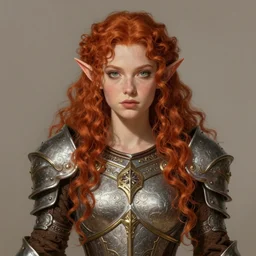 ranger elf, elven armor!!! long curly red hair!! covered chest!!! green eyes! fantasy, d & d, intricate ornate details, digital painting, pretty face!!, symmetry, concept art, sharp focus, illustration, art by artgerm! greg rutkowski magali villeneuve wlop! ilya kuvshinov!!, octane render