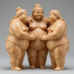 wood sculpture of three fat people caressing