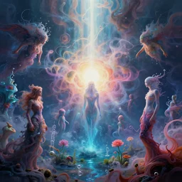 a psychedelic realm at the edge of existence where intensely creative astral beings exist, delirium, chaotic storm of liquid smoke, by petros afshar, ross tran, tom whalen, peter mohrbacher, artgerm, shattered glass, bubbly underwater scenery, radiant light