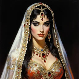 female indian vampiress, jeweled veil, strong line, saturated color, beautiful! coherent! by frank frazetta, high contrast