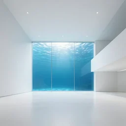 large all white room with minimalist architecture and a large glass wall, underwater,