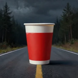 concept art, of white red paper cup standing on empty road, macro shot!!! forest behind!!, detailed, dark concept art, dark skies painting by wlop, nixeu and greg rutkowski, beautiful, semirealism, artstation, octane render, oil painting, sharpness, 8 k, golden ratio