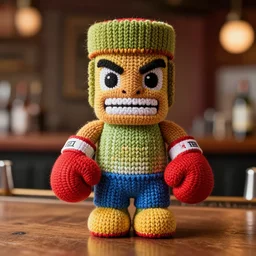 a photorealistic photograph of a knitted Trader Vic's Tiki Mug featuring Mike Tyson wearing boxing gloves at bar Trending on Artstation, featured on Behance, well-rendered, Unreal Engine, 4K HD