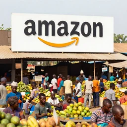 amazon warehouse as very crowded african produce market, large amazon signage, fruit stands, informal traders, eye level view