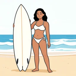a woman in a bikini holding a surfboard, lineart, tumblr contest winner, flat colors, flat shading, commission