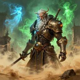 epic fantasy, D&D character, elder god steampunk, katanain hand, sandstorm, blue light, green fog, flying spirits, old city, detailed illustration, hd, 4k, digital art, overdetailed art, concept art, by greg rutkowski, by Alfons Mucha, complementing colors, Trending on artstation, deviantart
