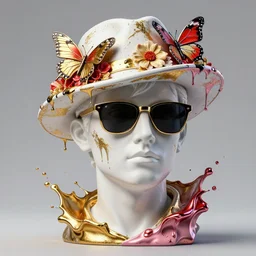 marble statue of fancy head wearing sunglasses and a hat with butterflies and melting flowers over, multiple splashes of golden and red and black paint, liquid white and pink metal, vogue cover style, high detail, stanley kubrick mood, hyperrealism, 3 d, by tooth wu and wlop and beeple and greg rutkowski