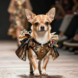 Chihuahua dog fashion model walks the runway in avant garde outfit