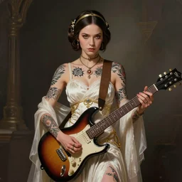 princess Leia as a slayer guitar player, heavy tattoos, artstation, intricate, elegant, highly detailed, centered, digital painting, concept art, smooth, sharp focus, illustration, art by artgerm and donato giancola and Joseph Christian Leyendecker, Ross Tran, WLOP