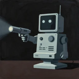dark retro illustration 1 9 7 5 science fiction, gouache painting with simple shapes and hard edges, an evil supercomputer with a ray gun