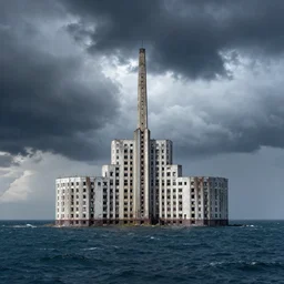 high key lighting, ighting storm, danila tkachenko, photograph of an abandonet soviet building bloc in the middle of the ocean,