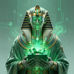the ethereal god of technology close shot the gift of green circuits to humanity. immaculate matte painting. fantastic. velvet and emerald. high key studio lighting. fractal dreams. ancient egypt, trending on artstation, cgsociety, ps 5, uhd 8 k cryengine