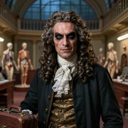 detail portrait 18 century doctor, male, elegant, in suitcase, digital fantasy art, evil eyes, insane, in anatomy theatre, under light, at late evening by greg rutkowski and thomas kinkade, Trending on artstation