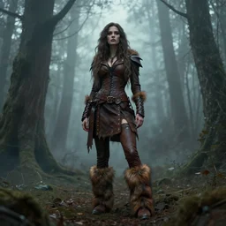 savage woman, clothed in brown leather, fur boots, long hair, unwordly, beautiful, ghostly forest, by ilya kuvshinov and rossdraws and greg rutkowski, artstation, deviantart, cgsociety, looking forward
