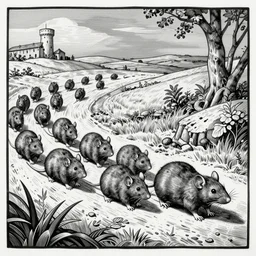 an incredibly detailed MC Escher woodblock print. Showing rats marching into oblivion