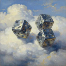 holy dice in the clouds, oil painting